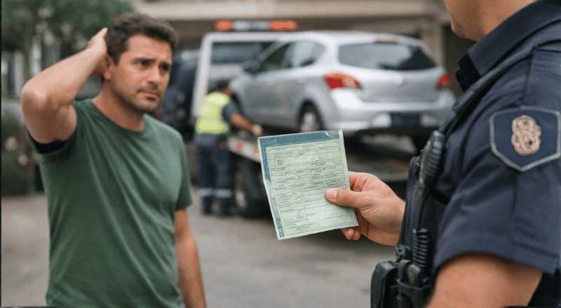 Um motorista brasileiro observa preocupado enquanto um policial segura o documento de licenciamento do veículo durante uma abordagem, ao fundo o carro está sendo colocado em um guincho para apreensão. A cena ocorre em ambiente urbano, com iluminação natural e enquadramento em plano médio que destaca a tensão do momento.