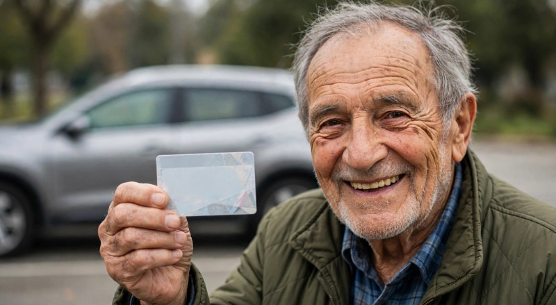 idoso feliz mostrando CNH genérica e desfocada, sem dados legíveis, com carro prateado estacionado ao fundo.
